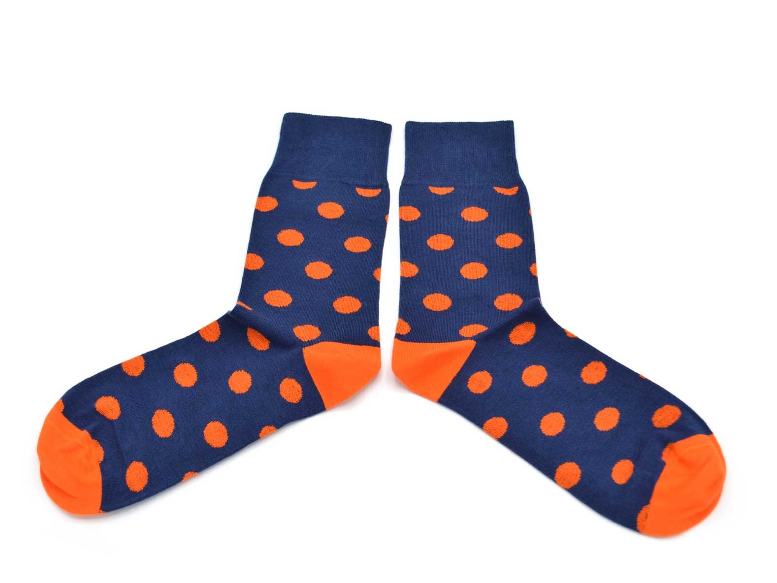 chaussettes-fantaisie-hommes-femmes-en-coton-bleu-marine-à-motif-gros-oranges-remaillées-à-la-main